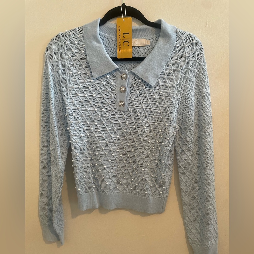 Lizette Collection Light Blue Knit Sweater with Pearl Accents😍😍😍